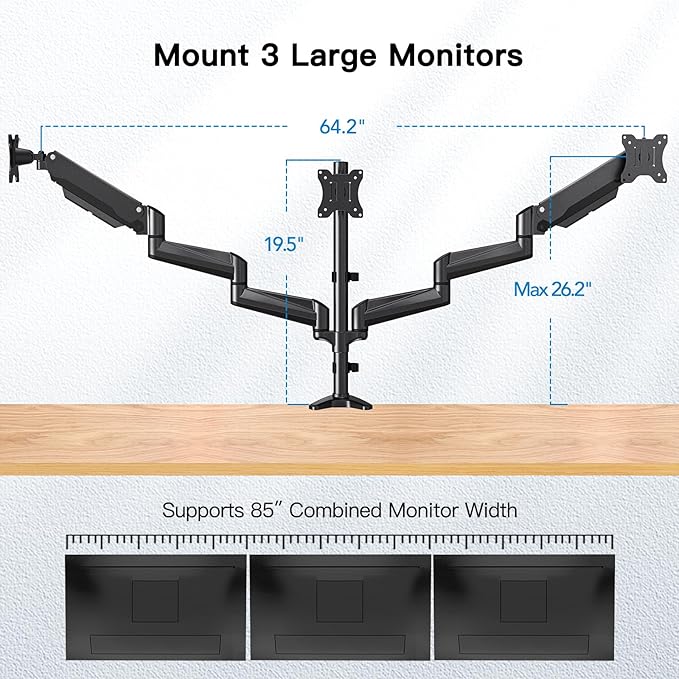 HUANUO Triple Monitor Mount for 17 to 32 inch Screens, Gas Springs Adjustment Triple Monitor Stand with Swivel, Tilt, Rotation, Clamp & Grommet Kit (Black)-DeskLoop Office