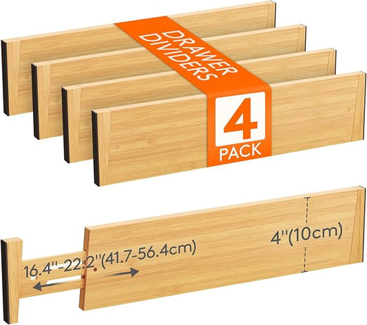 Lifewit 4 Pack Drawer Dividers Bamboo 4" High, 16-22" Adjustable Drawer Organizers for Clothes, Expandable Dresser Separators in Bedroom/Bathroom/Kitchen/Fridge/Office Organization and Storage