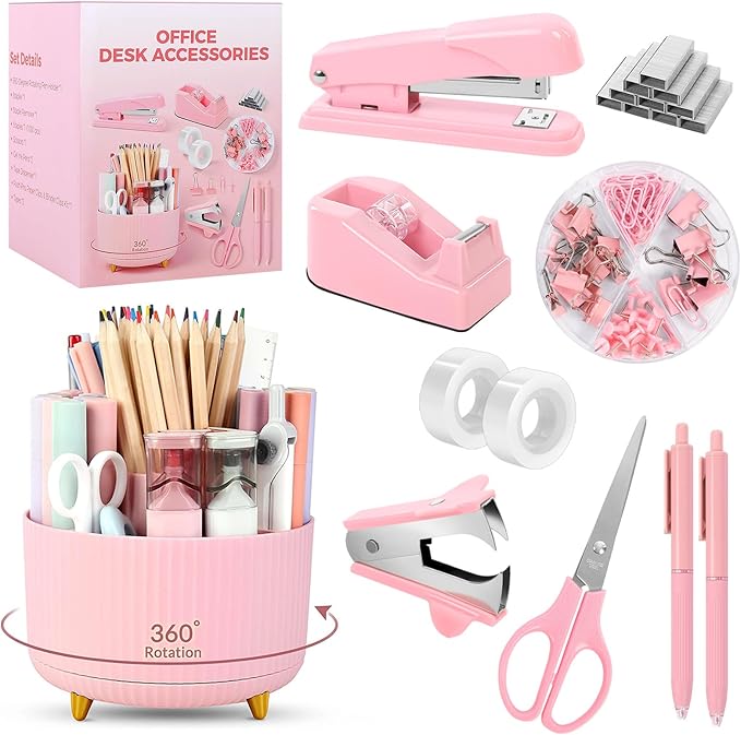 SKYDUE Pink Office Supplies Set, Pencil Holder by SKYDUE