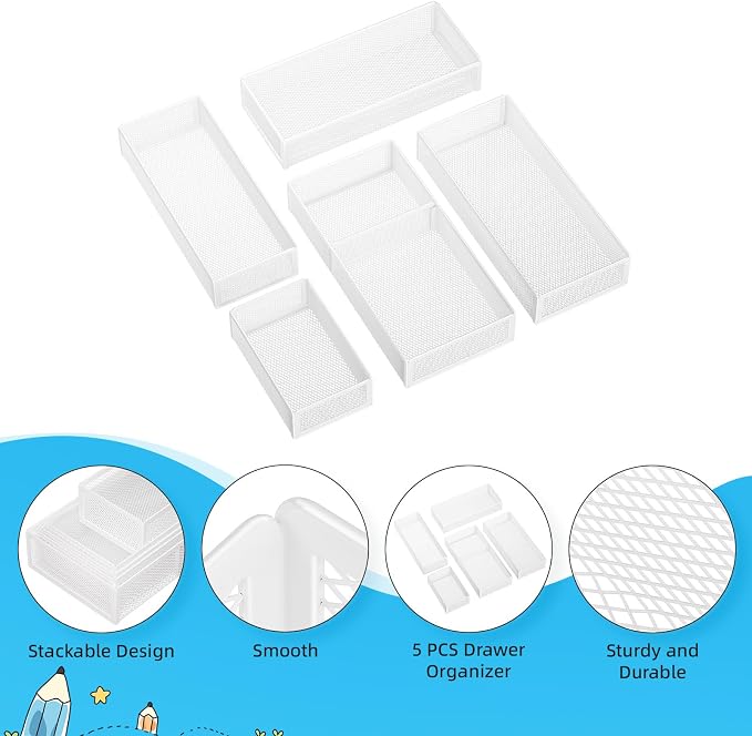 Marbrasse 5 Pack Desk Drawer Organizer Set, Mesh Drawer Storage Trays - Image 5