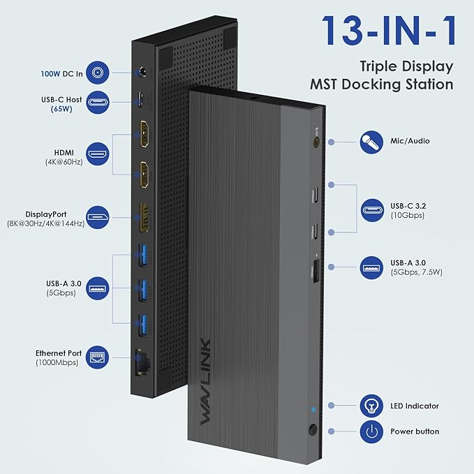 WAVLINK USB C Docking Station Dual Monitor Triple Display USB Type C to Dual HDMI Dock, 2 HDMI, DisplayPort, 100W PD3.0 for Laptop, Ethernet, 4 USB 3.0, 2 USB C, Audio-DeskLoop Office