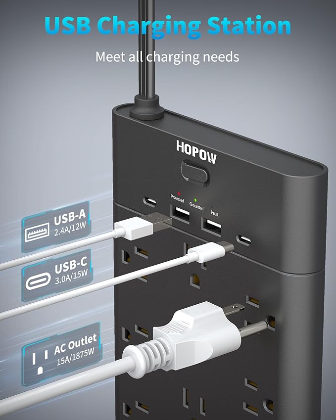 Flat Plug Power Strip, Surge Protector with 19 Outlets and 4 USB Ports, HOPOW 6 Ft Heavy Duty Extension Cord, 1875W, 2100J Surge Protection, Wall Mount for Home, Office, Gaming Room, Dorm, Black-DeskLoop Office