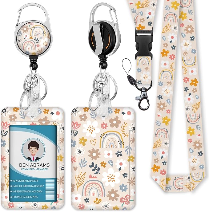 Piefly Lanyards for Id Badges, Boho Flowers Rainbows Badge Holder by Piefly