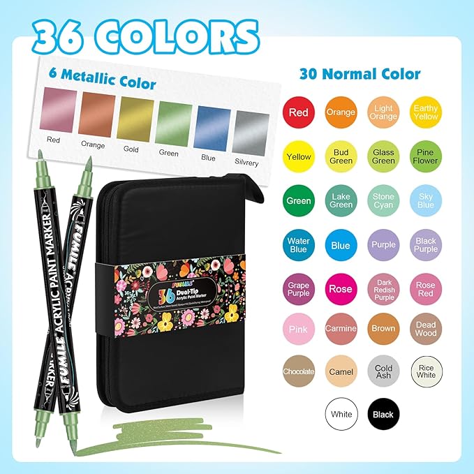 FUMILE 36 Colors Acrylic Paint Markers Dual Tip(Fine and Brush Tip), Acrylic Paint Pens paint Marker for Wood, Rock, Plastic, Glass, Ceramic, Canvas.Acrylic Markers Set for DIY Crafts and Art.-DeskLoop Office