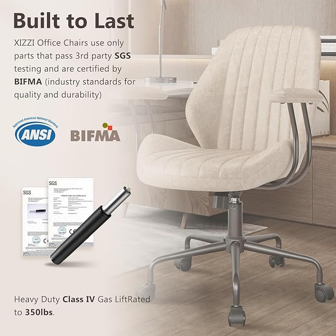 Mid Century Modren Office Chair - Swivel Executive Chair with Lumbar Support, Mid Back Ergonomic Computer Desk Chair with Wheels,Faux Lether Suede Task Chair,350lbs (Beige, Mid Back)-DeskLoop Office