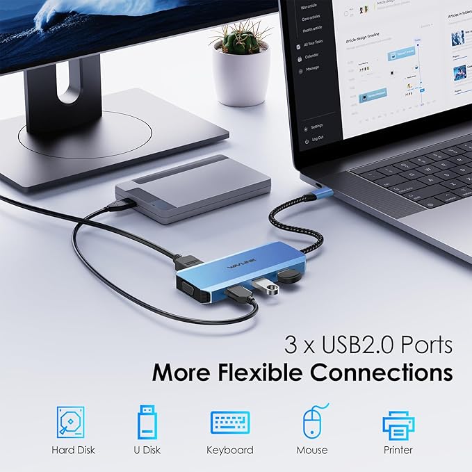 WAVLINK USB C Docking Station for MacBook Dell XPS 13/15, Lenovo Yoga, HP Laptops, USB C to Dual HDMI Monitors for Windows, USB Hub Adapter with Dual HDMI, Displayport, VGA, 3 USB 2.0 Ports, Blue-DeskLoop Office