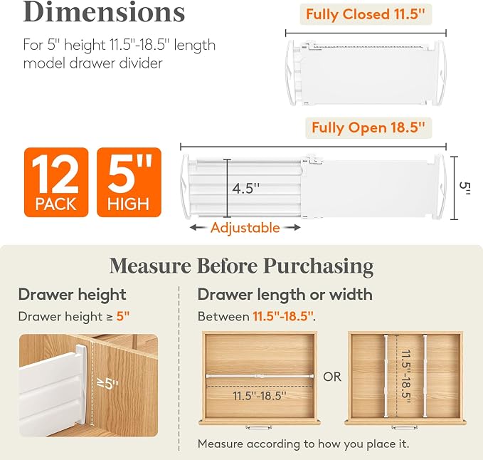Lifewit 5" High 12 Pack Drawer Dividers, 11.5"-18.5" Adjustable Deep Drawer - Image 2