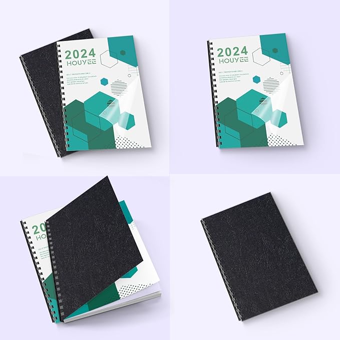 100 Pack Binding Covers Set, 8.5x11 Inches, Including 50 Pcs 5 Mil Clear PVC Binding Covers, 50 Pcs 12 Mil Black Paper Leather Textured-DeskLoop Office