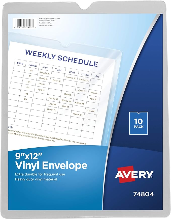 Avery File Envelopes, Holds up to Sheets, 10 Clear Vinyl Envelopes by Avery