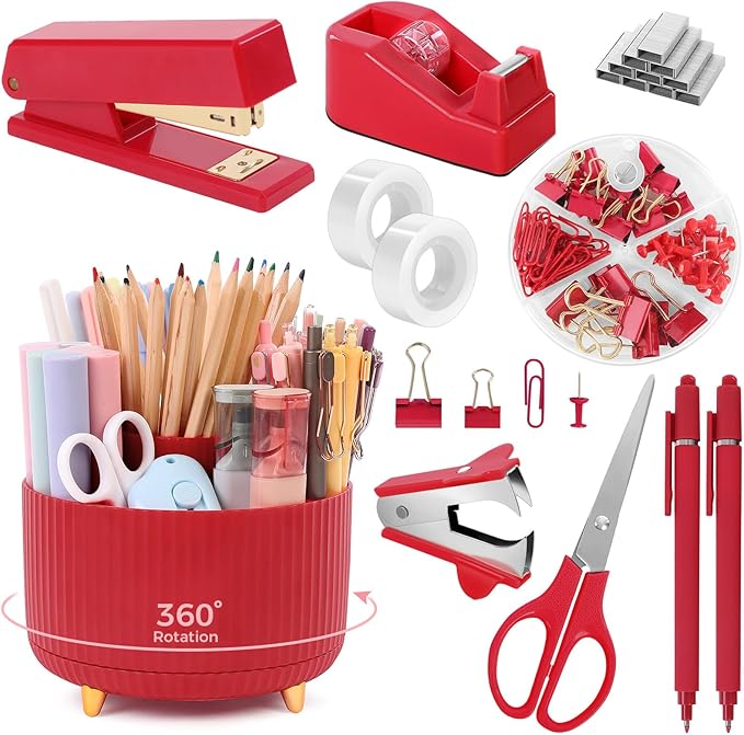 SKYDUE Red Office Supplies Set, Pencil Holder by SKYDUE