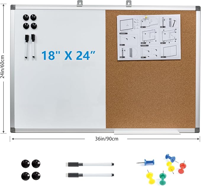 Combination Writeboard 36"x 24" Magnetic Whiteboard & Cork Board Aluminium Frame Dry Erase Board Bulletin Board Wall Mounted Memo Message-DeskLoop Office