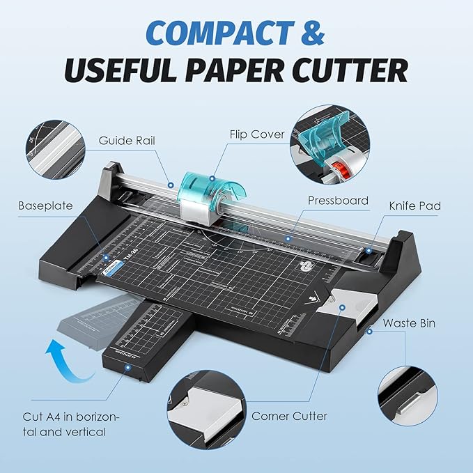 12 Inch Rotary Paper Cutter Heavy Duty, Paper Trimmer with 4 Different Blades for Straight/Wave/Dotted/Creasing Line, Suitable for Cutting Paper Coupons Photos Postcards Scrapbook-DeskLoop Office