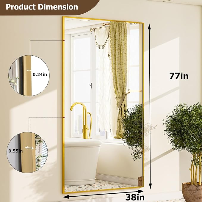 GLSLAND-38 x 77" Rectangular Full Length Mirror - Large Floor Mirrors Aluminum Alloy Frame Full Body Dressing Mirror for Bedroom, Living Room,Gold-DeskLoop Office