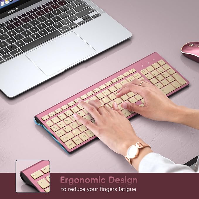 JOYACCESS Wireless Keyboard and Mouse, 2.4g Slim and Ergonomic Wireless Keyboard Mouse Combo- Full Size and Portable Design for Laptop/Windows/Computer-Wine Red Gold-DeskLoop Office