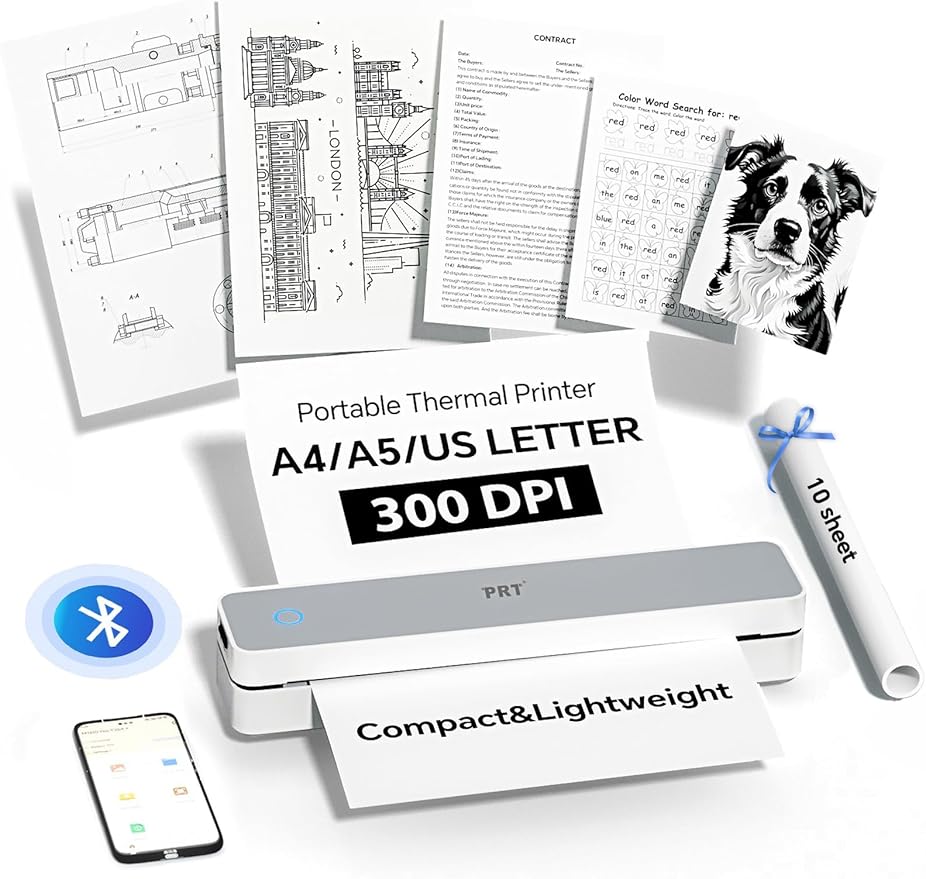 PRT Portable Printer Wireless for Travel, Inkless Bluetooth Small Mobile Thermal Printer, Support 8.5" X 11", A4, Compatible with iOS, Android, Laptop for Home Use, Office & Vehicles, 300 DPI, White-DeskLoop Office