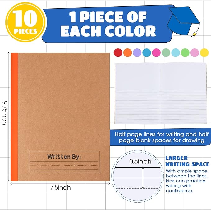 Henoyso 10 Pcs Primary Composition Notebook 9 3/4 x 7 1/2 Inch Kids Journal, Back to School Supplies, K-2 Primary Writing Notebook for Kids Student Draw and Write Story Journal (Stylish Color)-DeskLoop Office