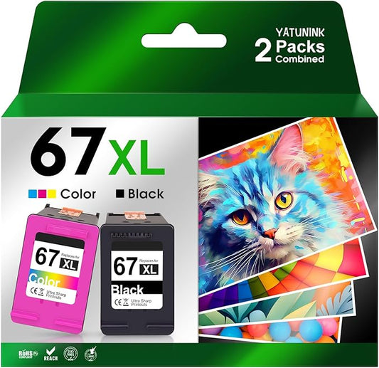 67XL 67 Ink Cartridges Black/Color Combo Pack Replacement for HP Ink 67 XL Work for DeskJet 2755e 2855e 4155e 2700 2800e 4255e 2855e 4100e Envy 6055e 6000 6555e 6455e (Black, Tri-Color)-DeskLoop Office