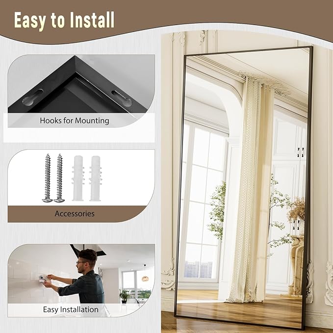 GLSLAND-38 x 77" Rectangular Full Length Mirror - Large Floor Mirrors Aluminum Alloy Frame Full Body Dressing Mirror for Bedroom, Living Room,Black-DeskLoop Office