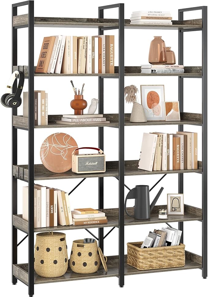 Seventable Bookshelf 6 Tier with 4 Hooks，67”Industrial Wooden Bookcase, Vintage Storage Rack with Open Shelves, Rustic Standing Bookshelves Metal Frame 43.3” Wide Display Rack, Gray-DeskLoop Office
