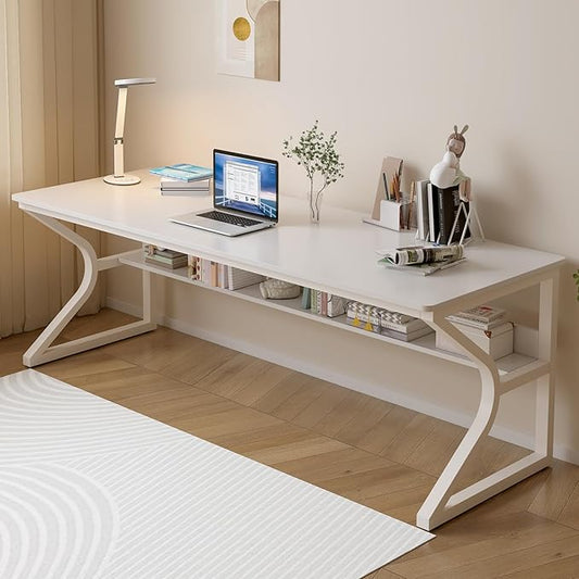 Extra Long Desk with Bookshelf - 71" Double Long Writing Table for 2-Person Workstation, Modern Study Work Computer Desk for Home and Office, Warm White-DeskLoop Office