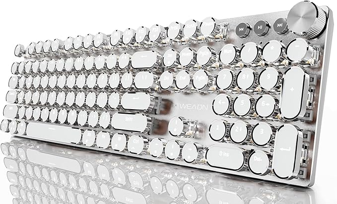 EWEADN Typewriter Style Mechanical Gaming Keyboard, Wired Mechanical Keyboards,104 Keys Backlit LED Keyboards, Media Control Knob, Wired Computer Keyboard Pink Switch for Windows/Mac/PC-White-DeskLoop Office