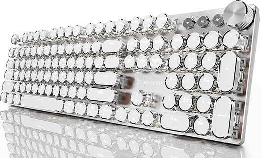 EWEADN Typewriter Style Mechanical Gaming Keyboard, Wired Mechanical Keyboards,104 Keys Backlit LED Keyboards, Media Control Knob, Wired Computer Keyboard Pink Switch for Windows/Mac/PC-White-DeskLoop Office