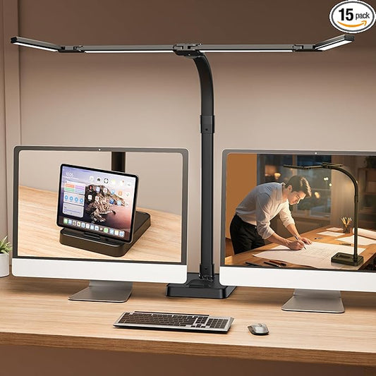 LED Desk Lamp for Home Office - 24W Bright Double Head Desk Light with Clamp Eye Caring Architect Task Light 25 Lighting Modes Adjustable Flexible Gooseneck Lamp (All Black)-DeskLoop Office