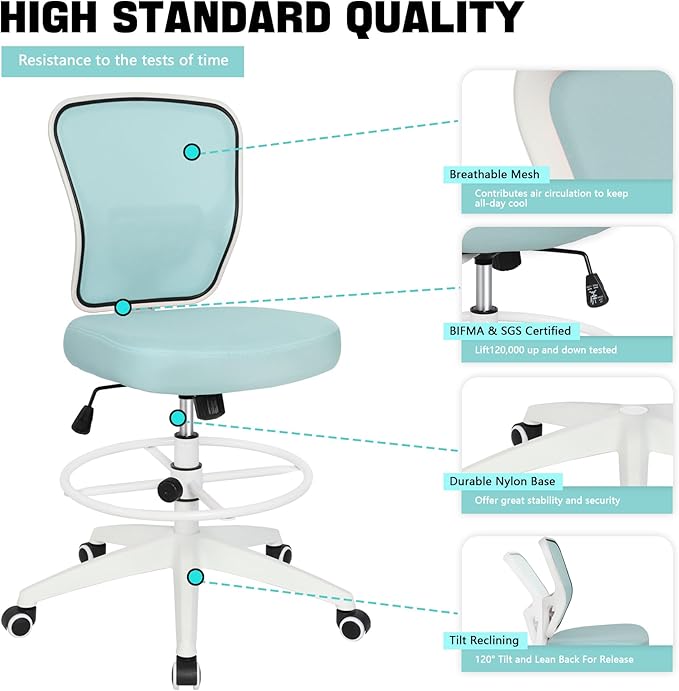 Drafting Chair Adjustable Height Tall Office Chairs Standing Desk Chair Rolling Stool Chair Armless Office Drafting Chair Blue-DeskLoop Office