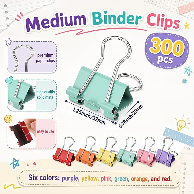 Yexiya 300 Pcs Medium Binder Clips Sturdy 1.25 Inch Muticolor Paper Med Clips - Image 2