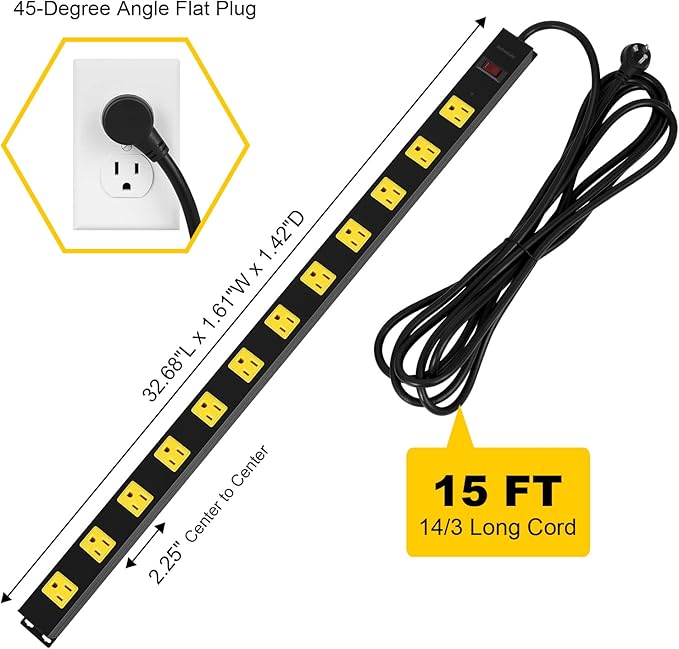 SURAIELEC 12 Outlet Long Metal Power Strip, 15FT Cord Surge Protector, Angled Flat Plug, Wide Spaced Outlet Bar, 15A Breaker, Wall Mountable, Industrial Heavy Duty for Work Bench, Shop, Garage, 2 Pack-DeskLoop Office