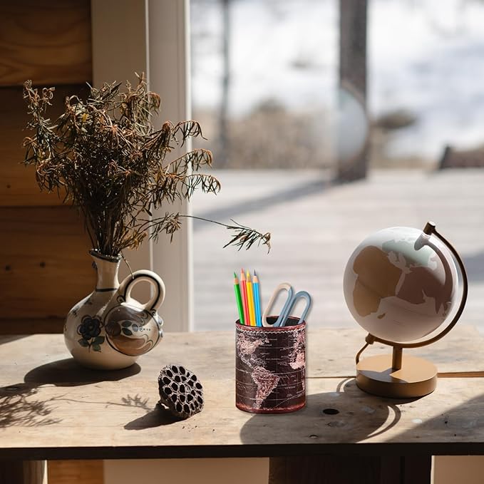 Black World Map Pencil Holder for Desk, PU leather Pencil Cup, Globe Pen Holder for Desk Office Supply Organizer PH46-DeskLoop Office