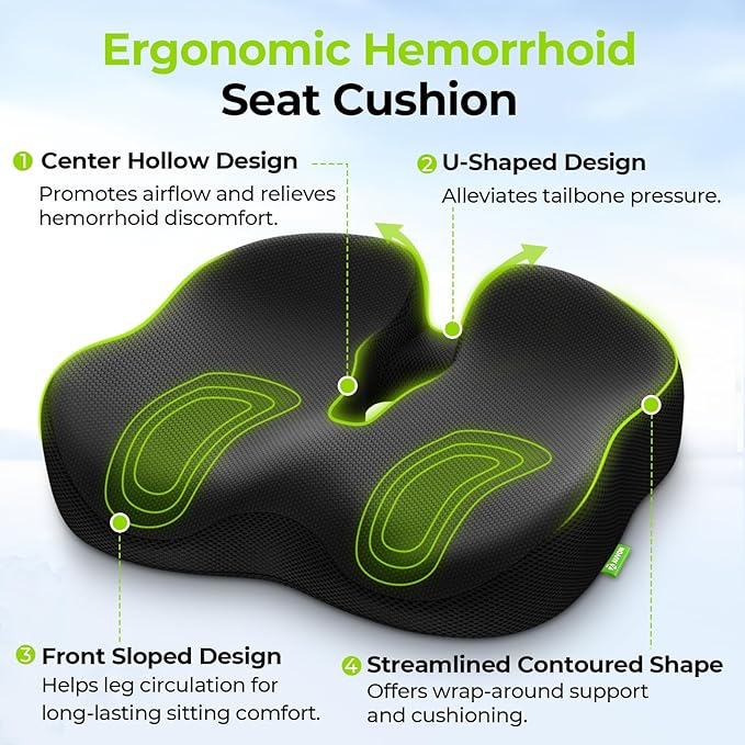 AUVON Ergonomic Donut Pillow Seat Cushion for Hemorrhoid & Tailbone Pain Relief, Thick Memory Foam Chair Cushions with Firm Support for Coccyx, Sciatica, Pressure Sores, Pregnancy, Postpartum Recovery-DeskLoop Office