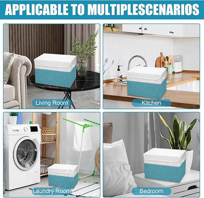 Large 22 Quart Linen Fabric Foldable Storage Bin Cube Organizer Basket with Flip-Top Lid & Handles, Clothes Blanket Box for Home, Office, Closet, Teal & White, 4 Pack 14.6 x 9.5 x 9.5-DeskLoop Office