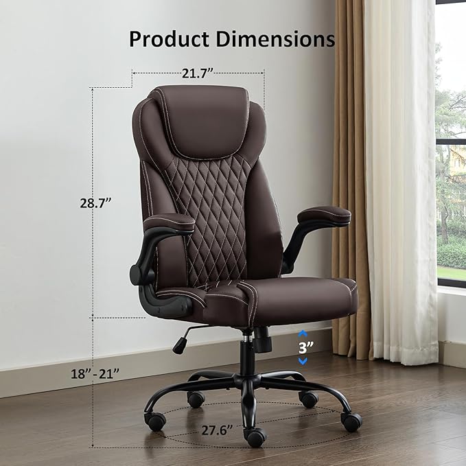 Office Chair, Executive Leather Chair Home Office Desk Chairs, Ergonomic Computer Desk Chair with Adjustable Flip-Up Arms, Lumbar Support Swivel Task Chair with Rocking Function (Brown)-DeskLoop Office