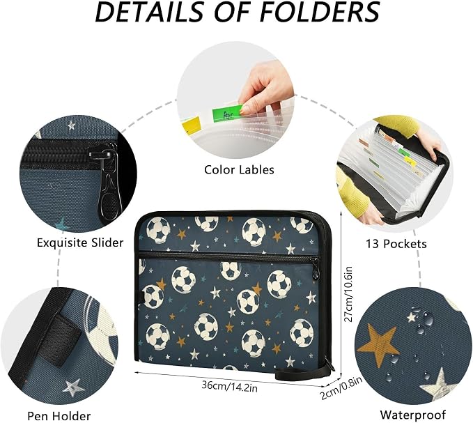 Expanding File Folder Soccer Black Accordion File Organizer 13 Pockets Document - Image 4