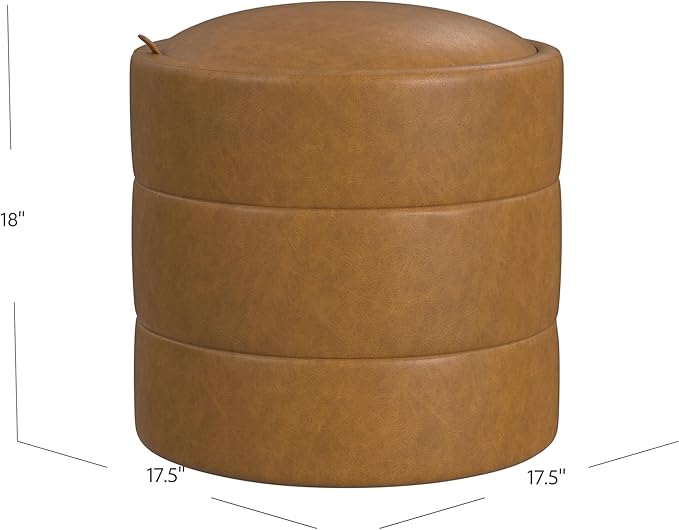 HomePop Storage Round Ottoman with Removable Lid Home Décor|Upholstered Round Velvet Foot Rest Ottoman - Carmel Faux Leather-DeskLoop Office