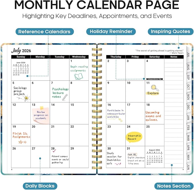 Planner 2026–2027, Academic Monthly Weekly Spiral Calendar, July 2026 – June - Image 2