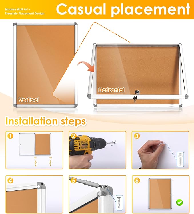 S SWANCROWN Enclosed Bulletin Board 24x18 in, Tamperproof Lockable Cork Board Wall Display Case for Office School Home, Aluminum Frame-DeskLoop Office