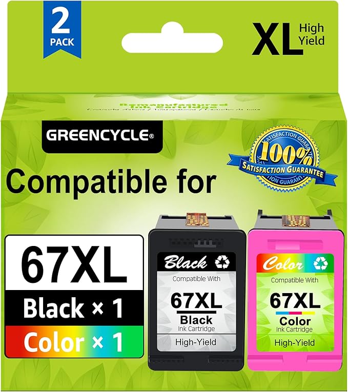 greencycle 67XL Remanufactured Ink Cartridge Compatible with HP 67 XL DeskJet 1255 2722 DeskJet Plus 4122 4123 4132 Envy 6052 6055 Envy Pro 6452 6455 Printers (Black 1 Pack, Tri-Color 1 Pack)-DeskLoop Office