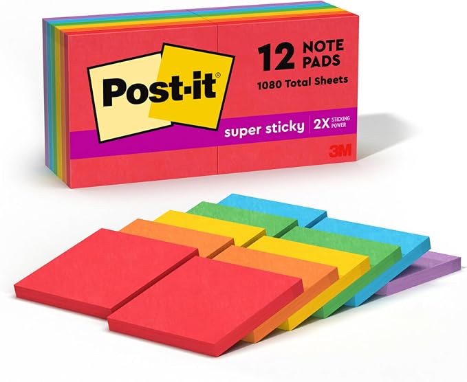 Post-it Super Sticky Notes, 3x3 in, 12 Pads, 2X The Sticking Power, Playful by Unknown