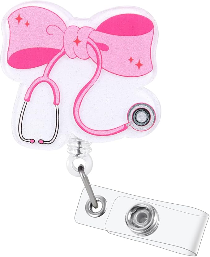 Pink Bow Stethoscope Badge Reel, Cute Retractable ID Card Badge Holder by BEZTN