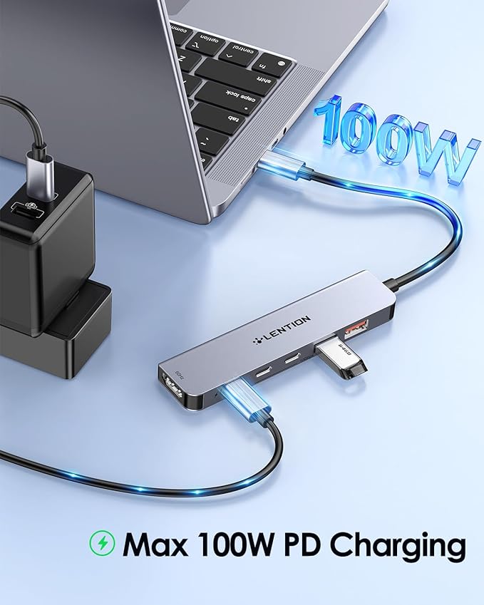 LENTION USB C Hub with 4K@60Hz HDMI, 2 USB C and 2 USB 3.2 Gen2 Transfer Data in 10Gbps Max, 100W Charging, for MacBook Pro M4, Mac Air, iPhone 15, Windows, More, Stable Driver Adapter (CE37 Gray)-DeskLoop Office