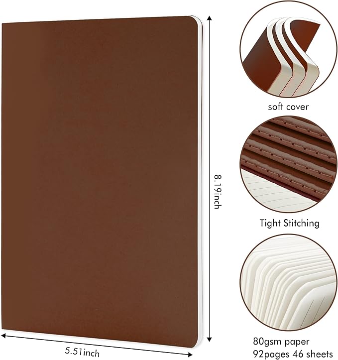 feela 8 Pack Soft Cover Journal Bulk, Notebooks College Ruled for Work, Lined Travel Journal for Women Men, Note Taking Notebook School Supplies Business Writing, 8.2” x 5.5”, A5, Brown-DeskLoop Office