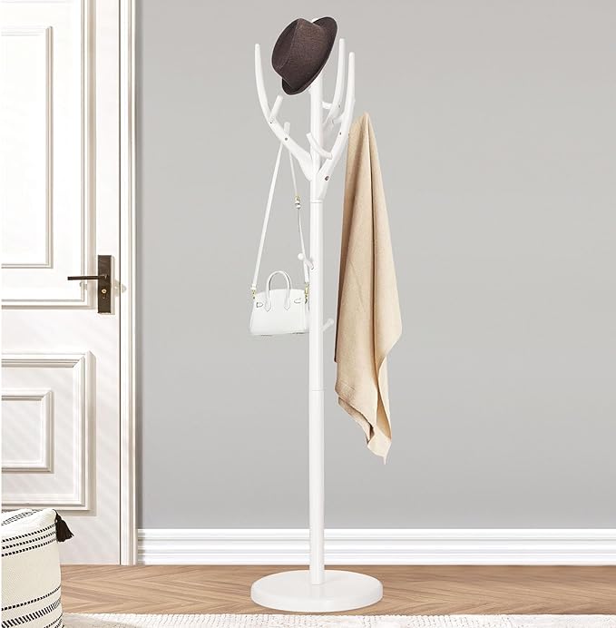 Coat Rack Freestanding, Wooden Coat Rack Stand with 16.5" Round Base, Tree Branch-look, 72" Coat Tree Standing Heavy Duty Clothes Hanger with 12 Hooks for Corner Entryway, White-DeskLoop Office
