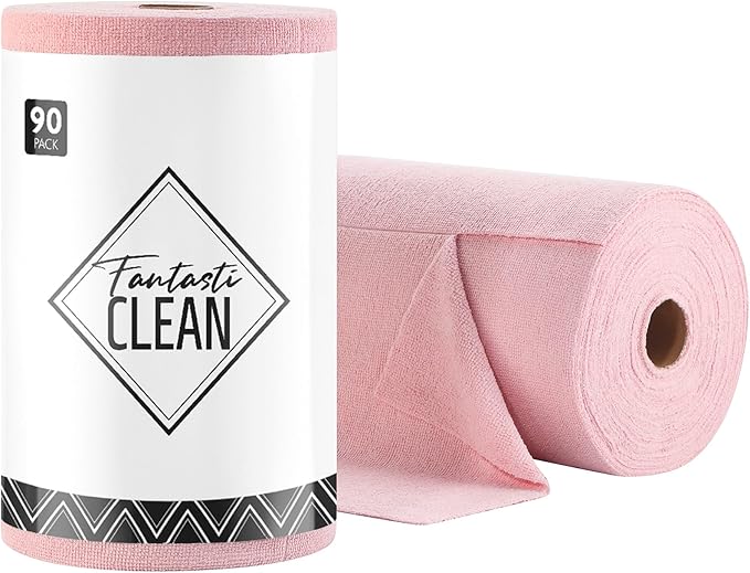 Fantasticlean Microfiber Cleaning Cloth Roll -90 Pack, Tear Away Microfiber Towels, 12" x 12", Reusable, Washable, Scratch Free, Ultra Absorbent Dish Rags for Car, Home, Garage or Shop (Pink)-DeskLoop Office