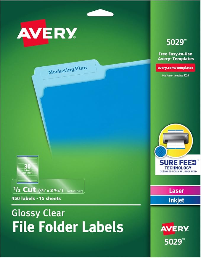 Avery Clear Self-Adhesive Filing Labels, 2/3" x 3-7/16", 450 Printable Labels by Avery