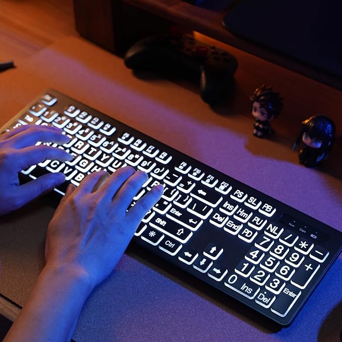 Large Print Backlit Wireless Keyboard, 2.4G Silent Wireless Light Up Keyboard, Full Size Computer Keyboards with 7 Colored Backlits, Rechargeable Keyboards for Windows, PC, Laptop-DeskLoop Office