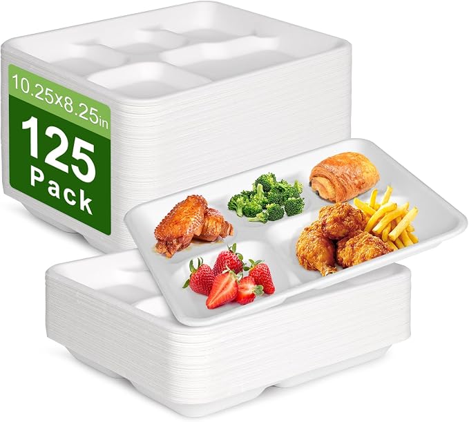 Compostable 5 Compartment Plates Disposable, 10.25 x 8.25 inch, 125 Pack by Unknown