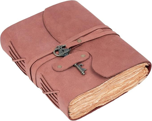 LEATHER VILLAGE Vintage Leather Journal – 200 Handmade Vintage Deckle Edge Paper – Leather bound Journal For Women Men – Vintage Key Closure - Book of Shadows - Red Brown - 6X4 inches (A6)