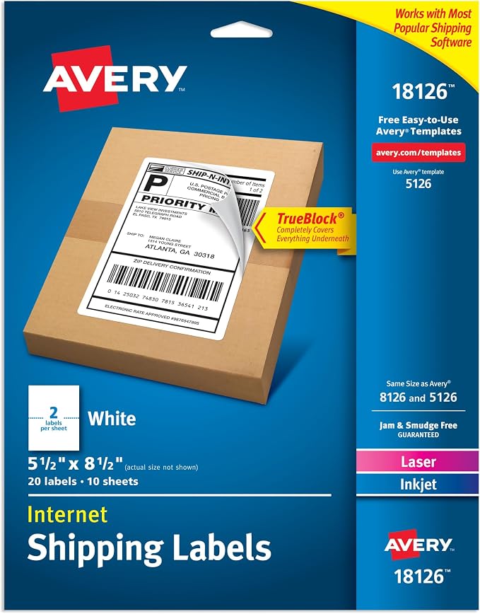 Avery Half-Sheet Printable Shipping Labels, 5.5" x 8.5" Customizable Stickers by Avery